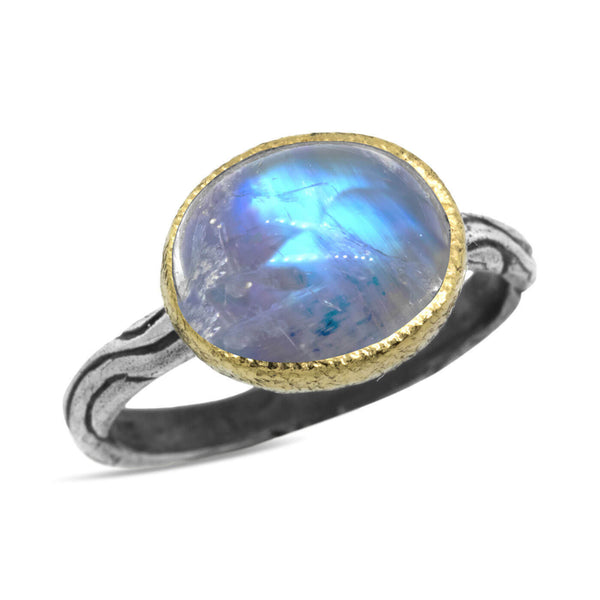 Wood Grain Texture Ring with Oval Rainbow Moonstone