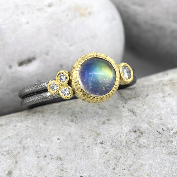 Delicate Double Band with Round Rainbow Moonstone