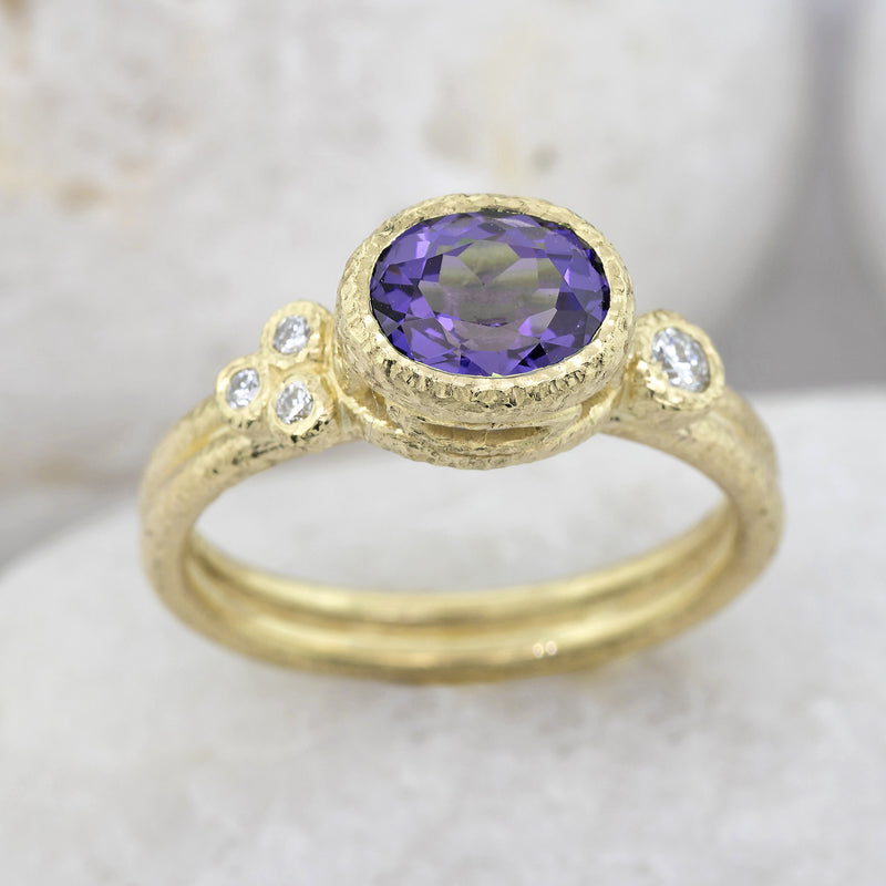 Delicate Double Band Oval Spinel Ring with diamonds in purple