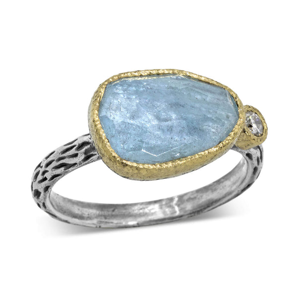 Cactus Texture Ring with Free-Form Aquamarine and Diamond