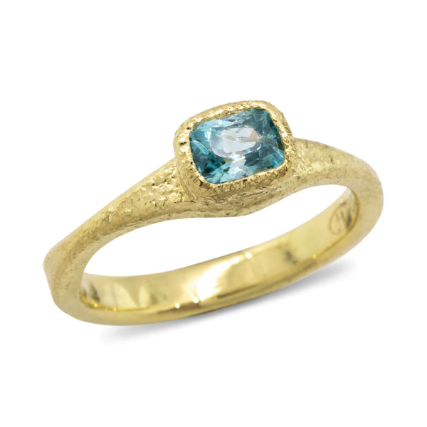 Forged Cushion Cut Blue Zircon Ring in 18k gold