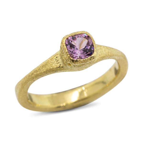 Forged Cushion Cut Pink Spinel Ring in 18k gold