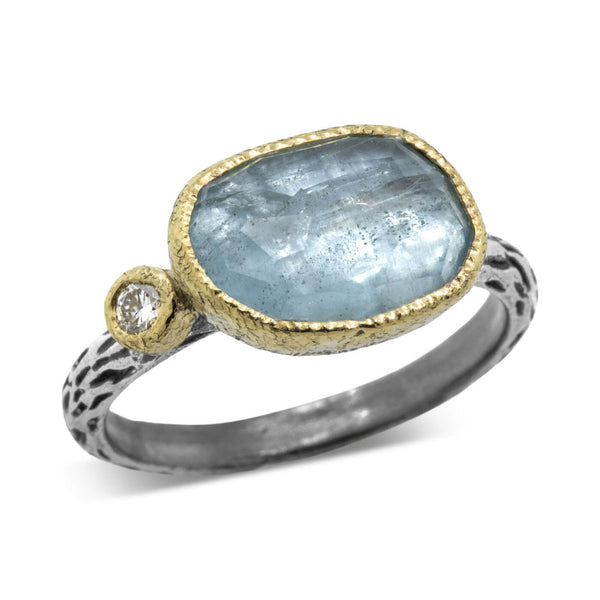Cactus Texture Ring with Free-Form Aquamarine and Diamond