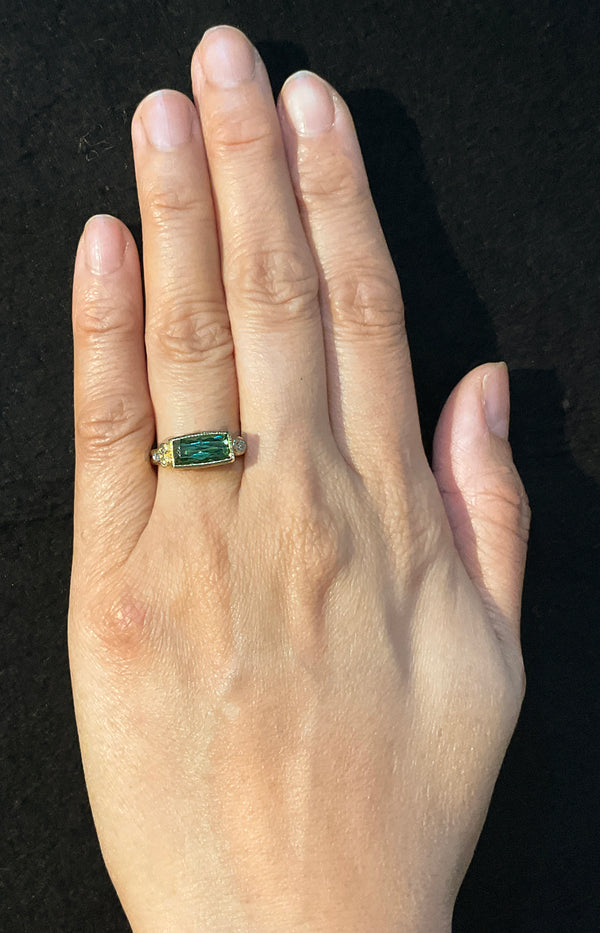 Delicate Double Band with elongated Cushion Cut Green Tourmaline on hand