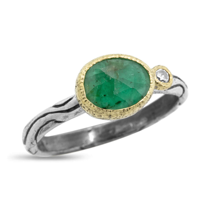Wood Grain Free-form Emerald Ring with diamond 