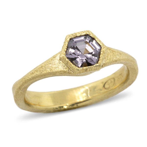 Forged Hexagonal Purple-grey Spinel Ring in 18k gold
