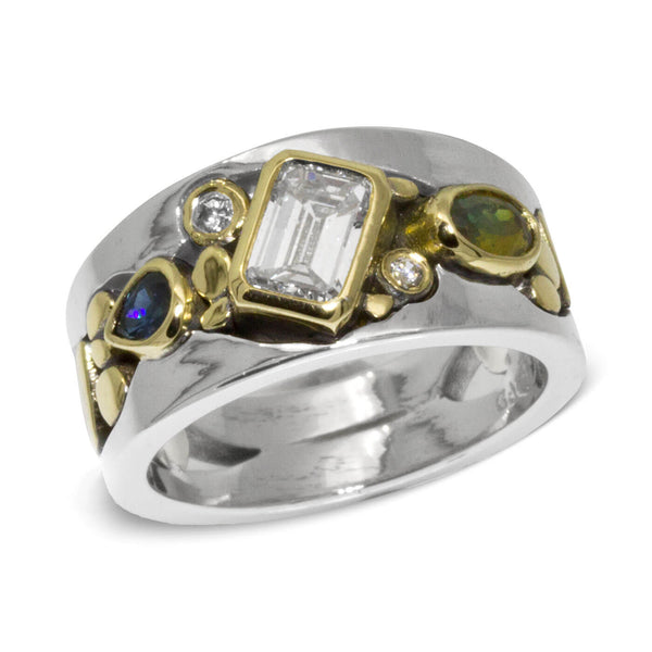 Custom River Pebbles Emerald Cut Diamond Ring  