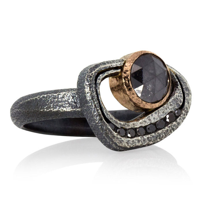 Open Pebble Ring with Round  Black Diamond in Silver and Rose Gold