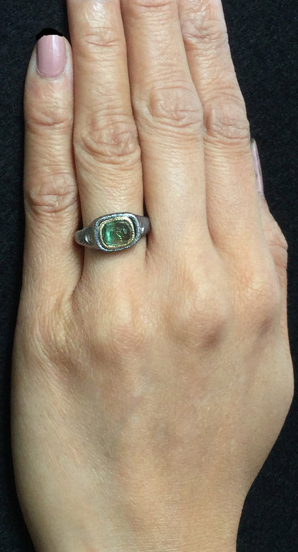 Mountain Plateau Ring with Green Tourmaline and Diamonds on hand