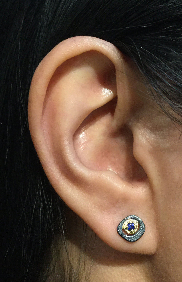 Sapphire Pebble Stud Earrings on ear