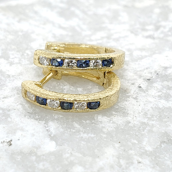 Custom Hinged Hoop Gold Earrings with sapphire and diamonds