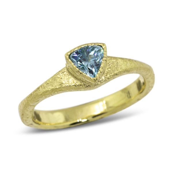 Forged Trillion Cut Blue Zircon Ring in 18k gold