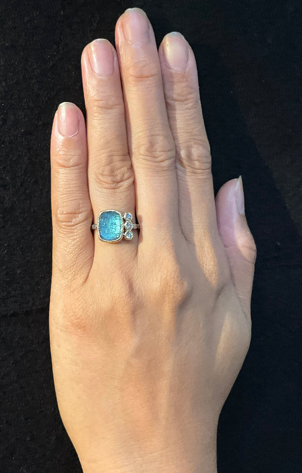 Skinny Pebbles Free-Form Blue-Green Tourmaline Ring with diamonds on hand
