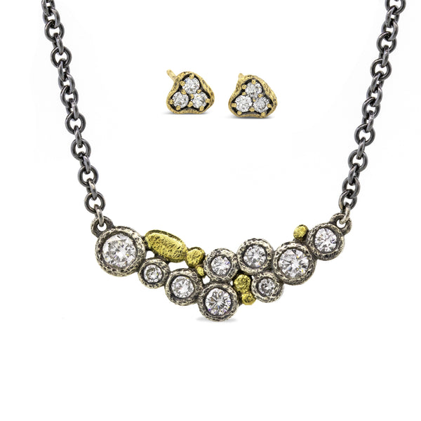 Diamond Cluster Necklace with 18k yellow gold pebbles