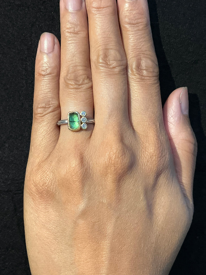 Wood Grain Green Tourmaline Ring with diamonds Media 3 of 3