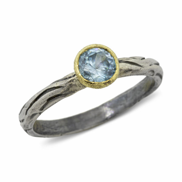 Woodgrain Ring with Blue Zircon