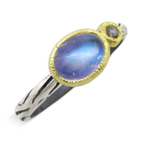 Woodgrain ring with oval Moonstone and  diamond