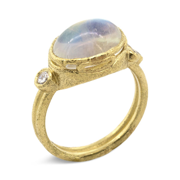 Delicate Double Band with Oval Rainbow Moonstone side view