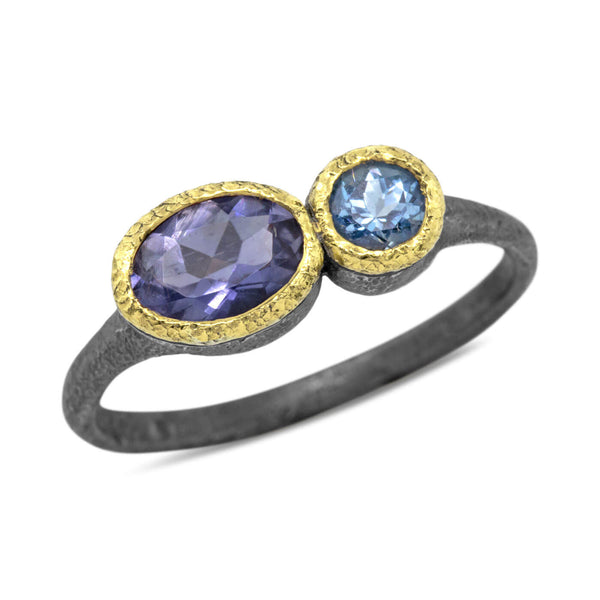 Duo Signet Ring with oval iolite and round aquamarine