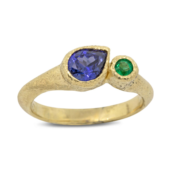 Duo Signet Ring with color shift sapphire and round emerald
