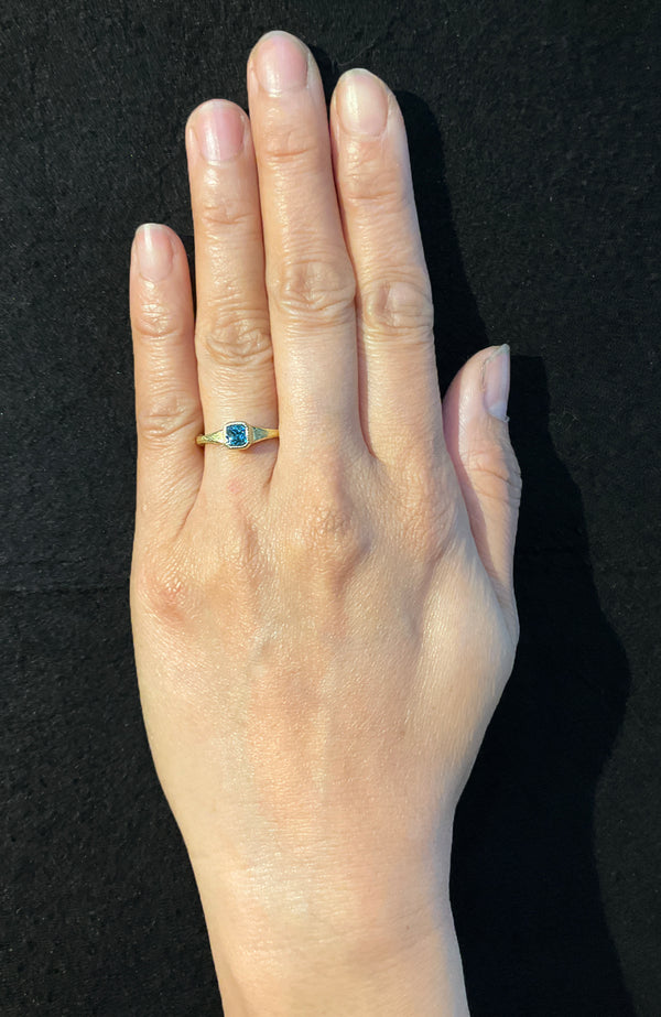 Forged Cushion Cut Blue Zircon Ring in 18k gold