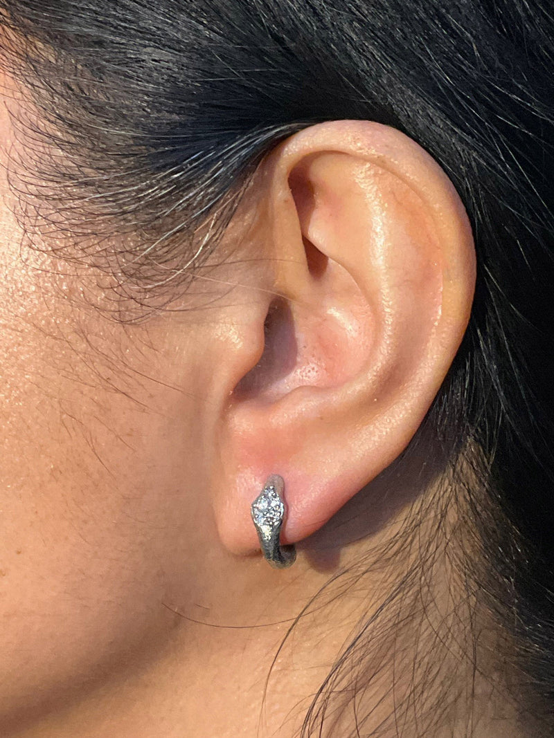 Dew Pond Diamond Hinged Hoop Earrings in 14k white gold on ear