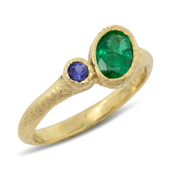 Duo Signet Ring with oval emerald and round sapphire