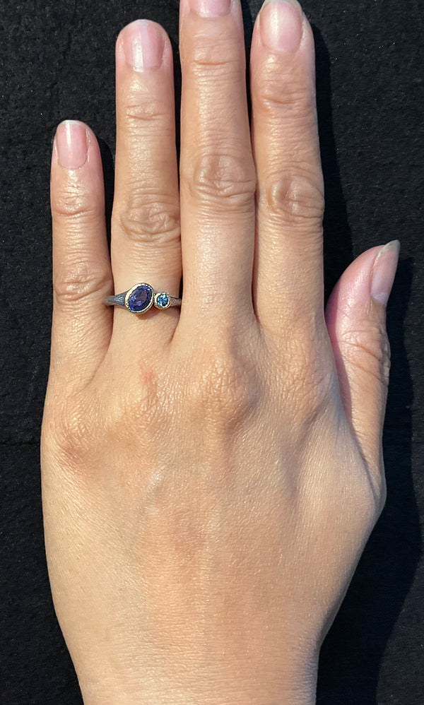 Duo Signet Ring with oval diagonally set iolite and round aquamarine