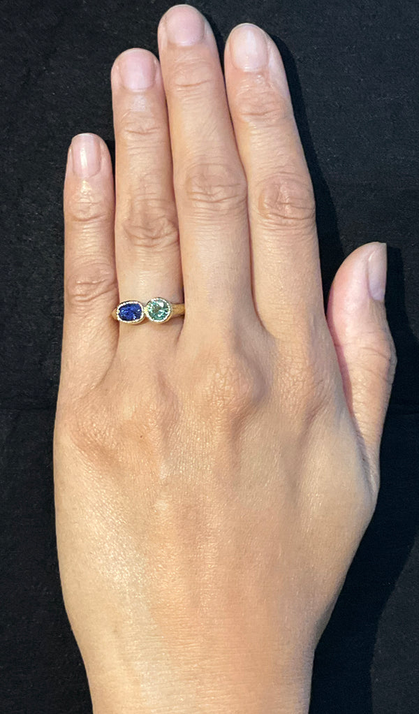 Duo Signet Ring with mint green tourmaline and elongated oval sapphire