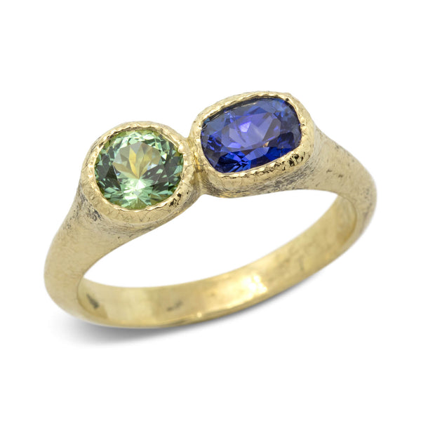 Duo Signet Ring with mint green tourmaline and oval sapphire
