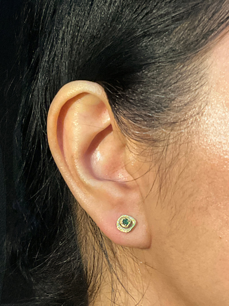 Emerald Pebble Stud Earrings in 18k yellow gold on ear