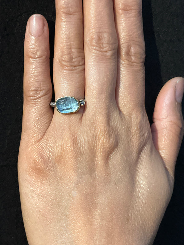Cactus Texture Ring with Free-Form Aquamarine and Diamond on hand