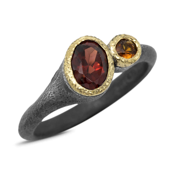Duo Signet Ring with oval garnet and round citrine