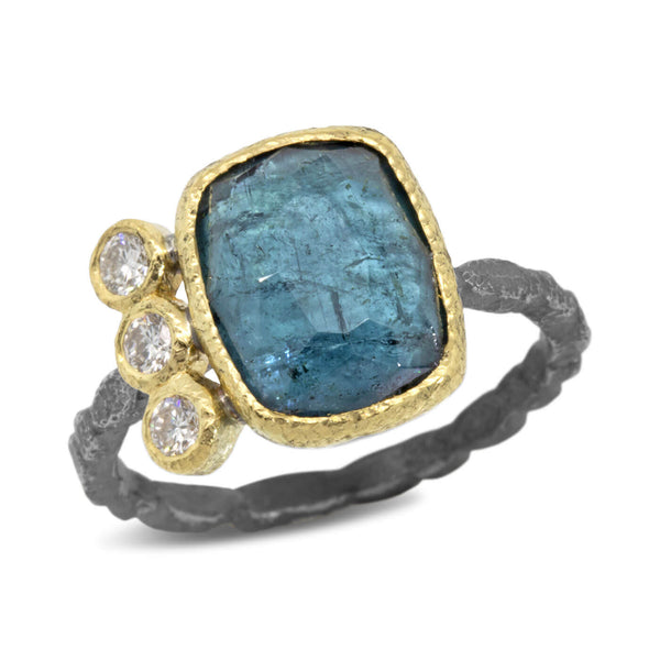 Skinny Pebbles Free-Form Blue-Green Tourmaline Ring with diamonds