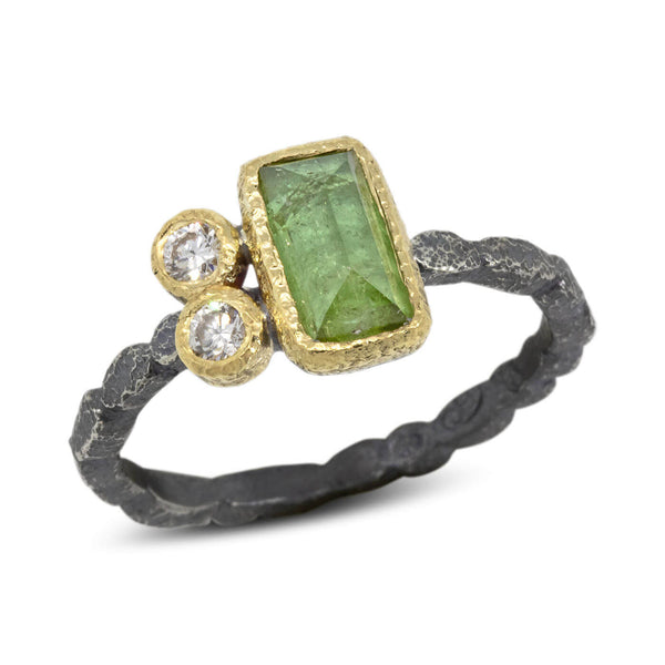 Skinny Pebbles Free-form Green Tourmaline Ring with diamonds