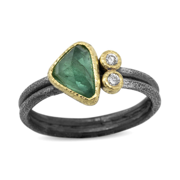 Delicate Double Band Free-form Green Tourmaline Ring with diamonds