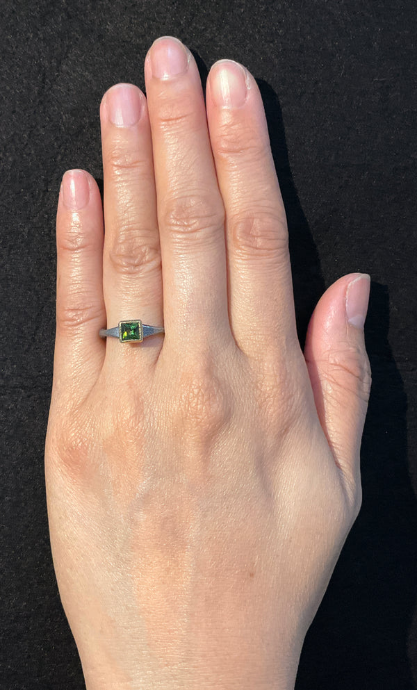 Green Tourmaline Forged Ring on hand