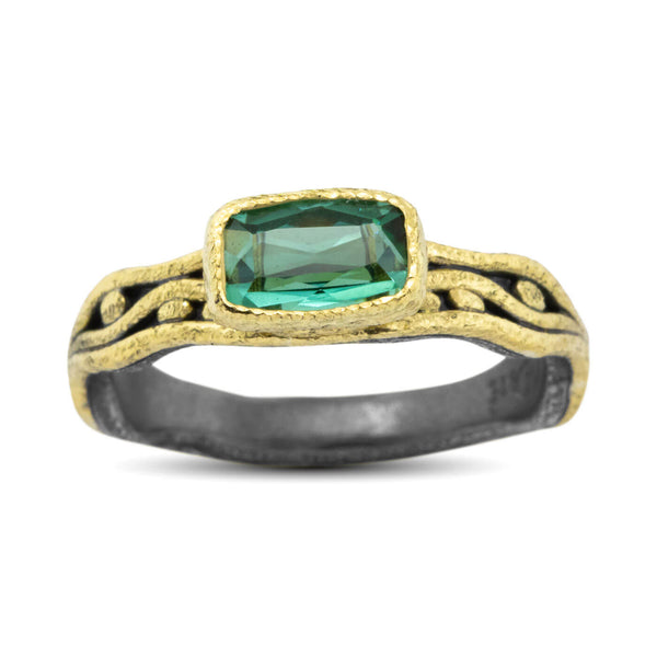 Wavy Watery ring with cushion cut green tourmaline