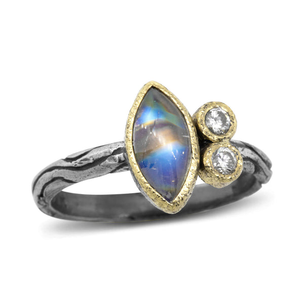 Wood Grain Marquise Rainbow Moonstone Ring with Diamonds