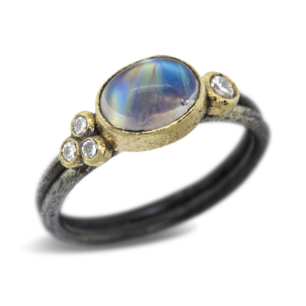 Delicate Double Band with Oval Rainbow Moonstone