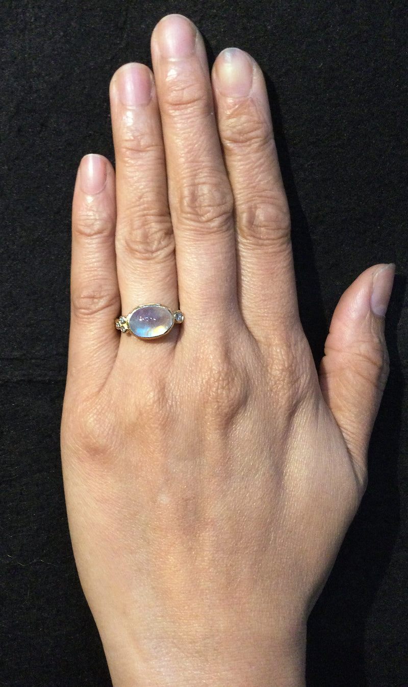 Delicate Double Band with Oval Rainbow Moonstone on hand
