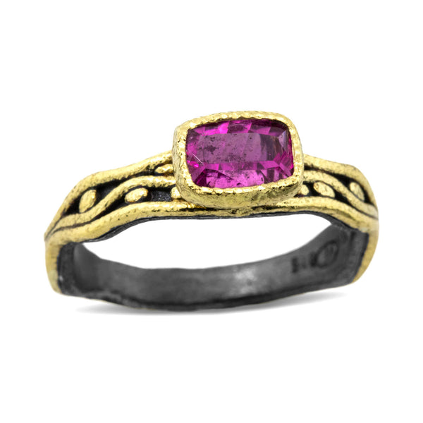 Wavy Watery ring with cushion cut pink tourmaline