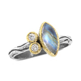 Wood Grain Marquise Rainbow Moonstone Ring with Diamonds