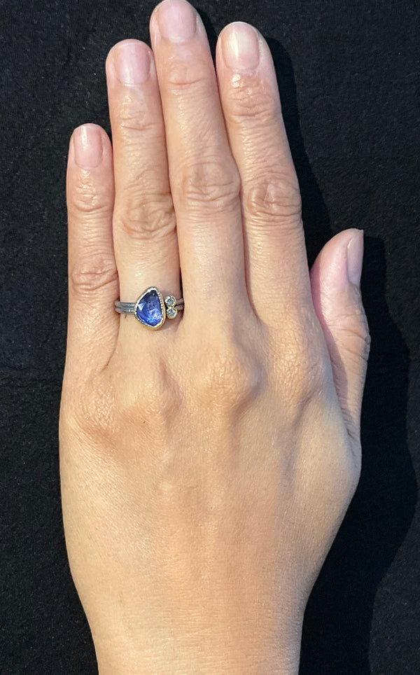 Delicate Double Band Sapphire Ring with diamonds on hand