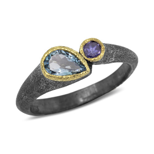 Duo Signet Ring with pear cut aquamarine and round tanzanite