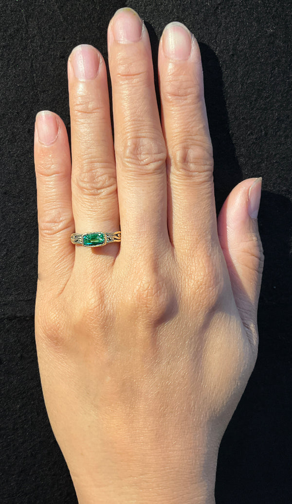 Wavy Watery ring with cushion cut green tourmaline