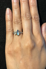 Wood Grain Marquise Rainbow Moonstone Ring with Diamonds