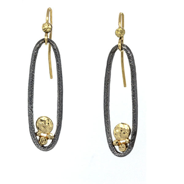 River Pebbles Long Oval Earrings in Hammered Sterling and 18k Gold