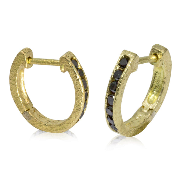 18ky Gold Hinged Hoop Earrings with Black Diamonds