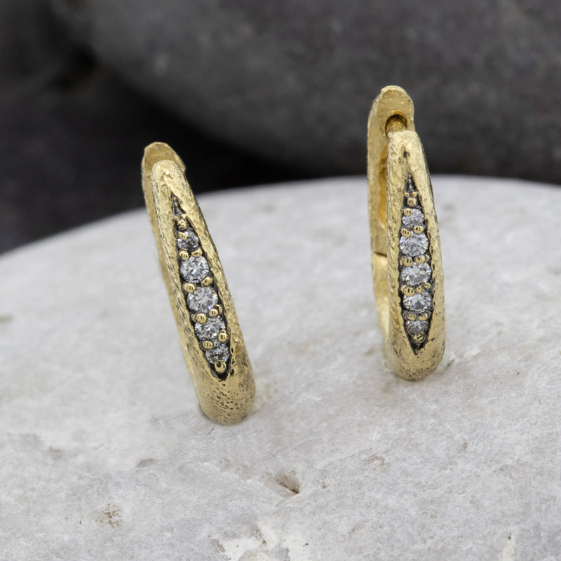 Elongated Ancient Hinged Hoop Diamond Earrings in 18k yellow gold